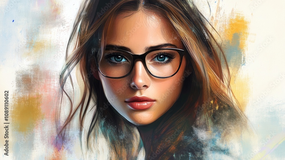 Portrait of a young woman with striking features, wearing stylish eyeglasses and long hair, set against a softly blurred, colorful background. Portrait of a young woman with striking features, wearing stylish eyeglasses and long hair, set against a softly blurred, colorful background.