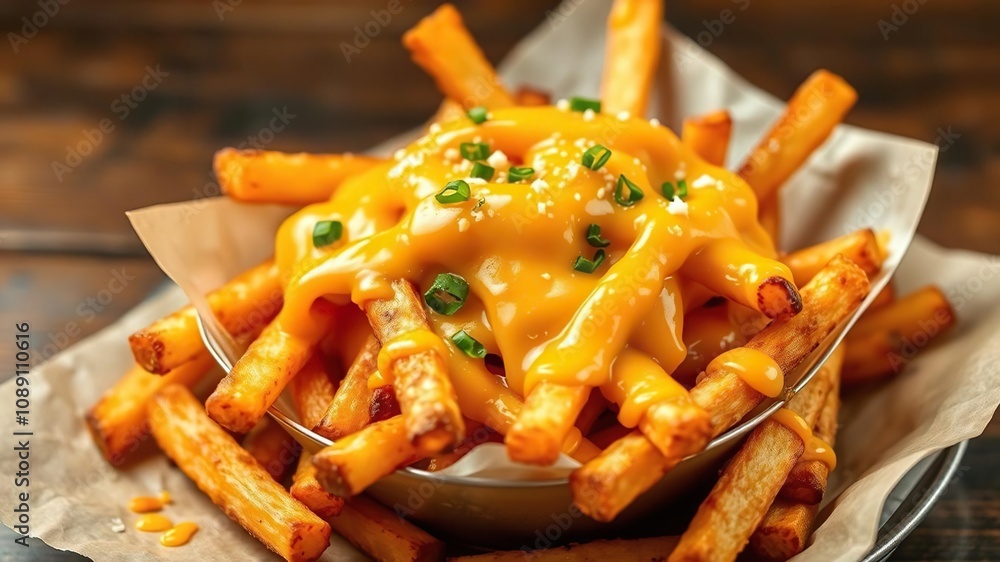 Golden baked fries smothered in melted cheddar cheese, baked, golden, indulgent Golden baked fries smothered in melted cheddar cheese, baked, golden, indulgent