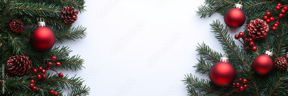 Christmas garland frame on a white background, Christmas decorations, green branches of pine tree with red ball and light bulb for a Christmas decoration concept Christmas garland frame on a white background, Christmas decorations, green branches of pine tree with red ball and light bulb for a Christmas decoration concept