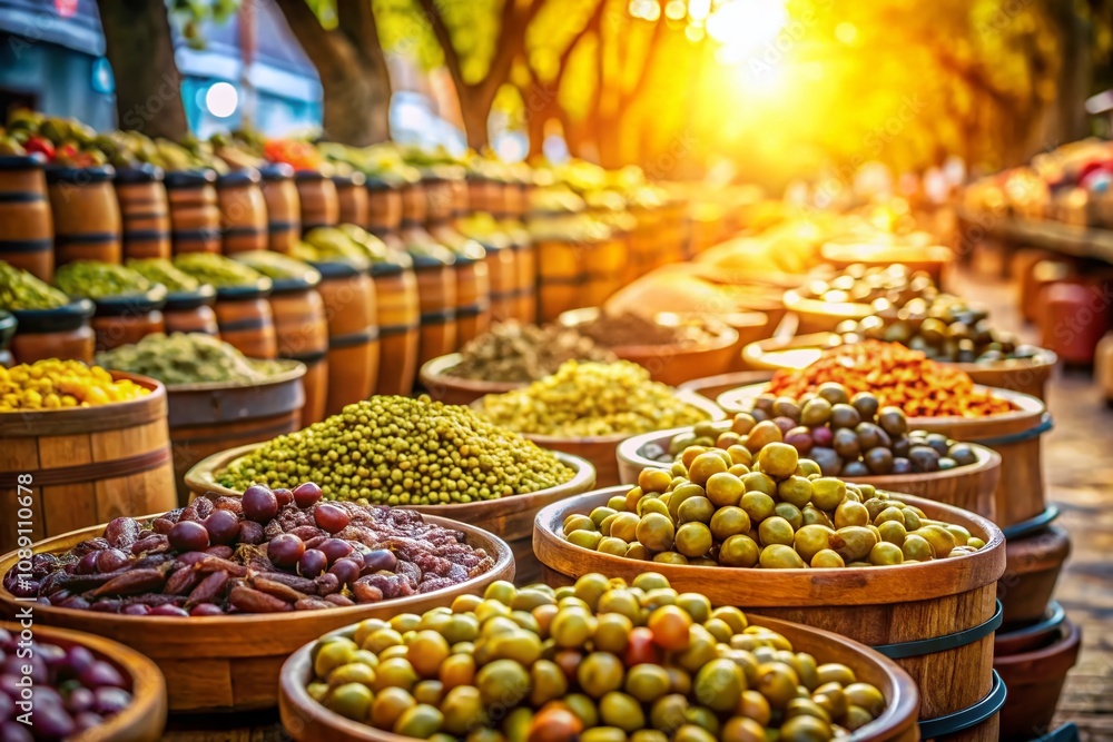 Bokeh Effect of Olive Barrels in Market, Capturing the Essence of Provence with Lush Green Olives and Rustic Charm, Perfect for Culinary and Travel Themes Bokeh Effect of Olive Barrels in Market, Capturing the Essence of Provence with Lush Green Olives and Rustic Charm, Perfect for Culinary and Travel Themes