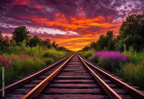 majestic abandoned train tracks leading vibrant sunset rich hues dynamic skies, beauty, breathtaking, bright, clouds, coast, colors, creative, dusk