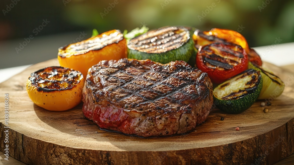 Deliciously grilled steak served. Farm-to-table steak platter with organic grilled vegetables, served on a rough-hewn wooden slab under natural sunlight Deliciously grilled steak served. Farm-to-table steak platter with organic grilled vegetables, served on a rough-hewn wooden slab under natural sunlight