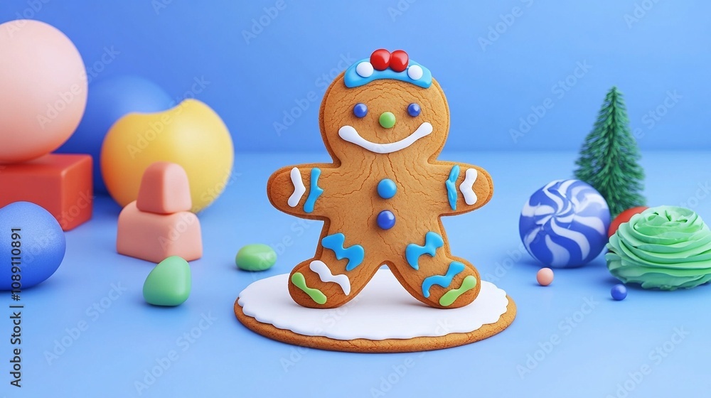 Obraz premium 3D Rendered Gingerbread Man Cookie with Icing on Plain Background
