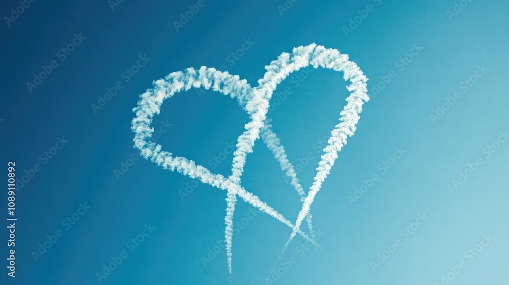 Naklejka premium Heart-Shaped Contrails Forming a Romantic Symbol in a Bright Blue Sky with Soft White Clouds