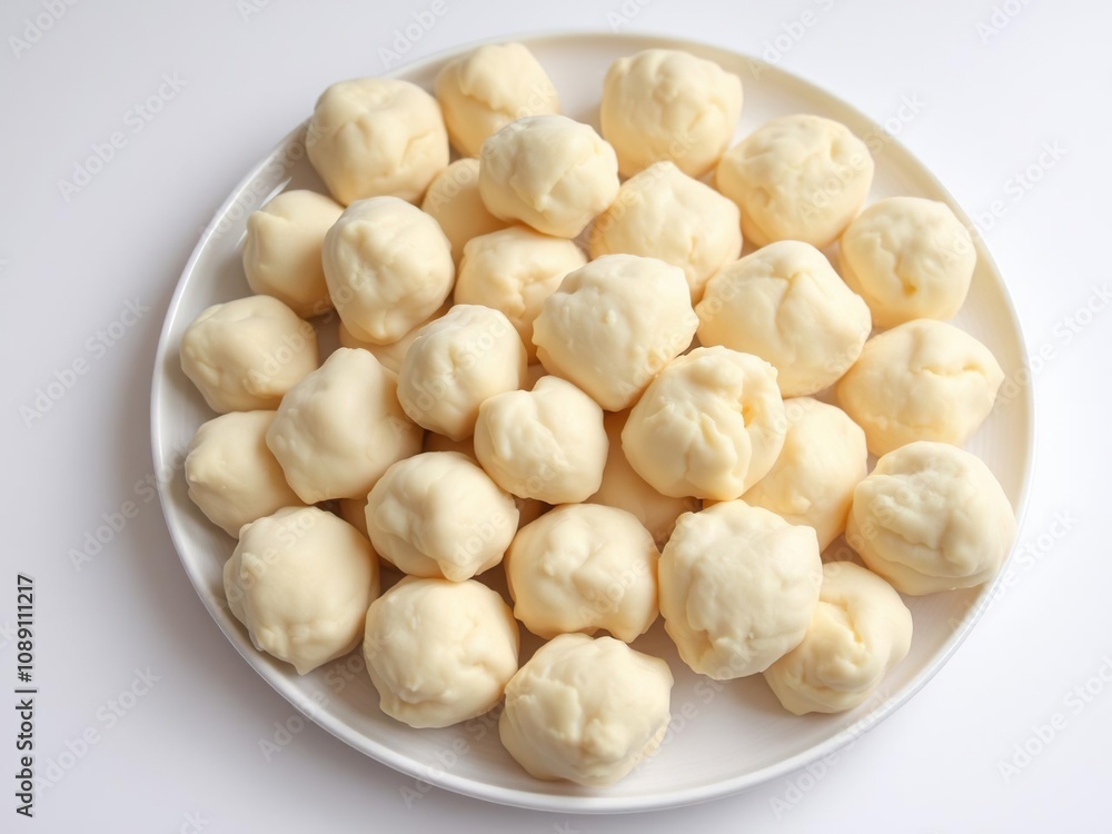 A plate of small, irregularly-shaped balls of raw bread dough pulp, arranged artfully on a white surface, uncooked dough, raw ingredients A plate of small, irregularly-shaped balls of raw bread dough pulp, arranged artfully on a white surface, uncooked dough, raw ingredients