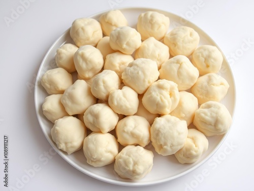 A plate of small, irregularly-shaped balls of raw bread dough pulp, arranged artfully on a white surface, uncooked dough, raw ingredients