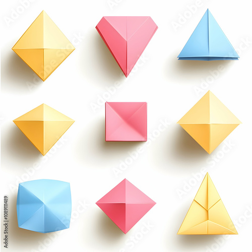 Colorful geometric shapes, origami style, 3d effect, various sizes and forms, pastel colors, flat lay, isolated on white background. Free Download Colorful geometric shapes, origami style, 3d effect, various sizes and forms, pastel colors, flat lay, isolated on white background. - GFXLoad