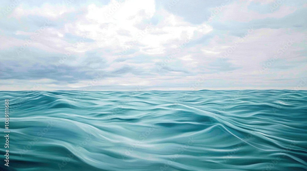 Fototapeta premium Abstract close-up of tranquil sea surface viewed from a swimmer's perspective, featuring gentle waves and a backdrop of an overcast sky.