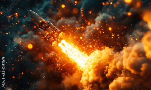 Powerful rocket launching leaving trail of fire and smoke