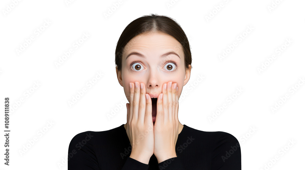 A surprised woman covering her mouth with wide eyes. Transparent background. A surprised woman covering her mouth with wide eyes. Transparent background.