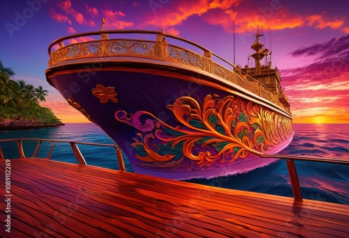 stunning vibrant ship deck sunset surrounded colorful skies reflections creating majestic view, boat, sky, colors, water, horizon, clouds, light, evening photo