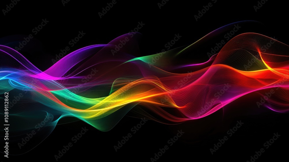 Vibrant neon waves of color intertwining elegantly, set against a deep black background, showcasing an abstract design of fluid lines and curves. Vibrant neon waves of color intertwining elegantly, set against a deep black background, showcasing an abstract design of fluid lines and curves.