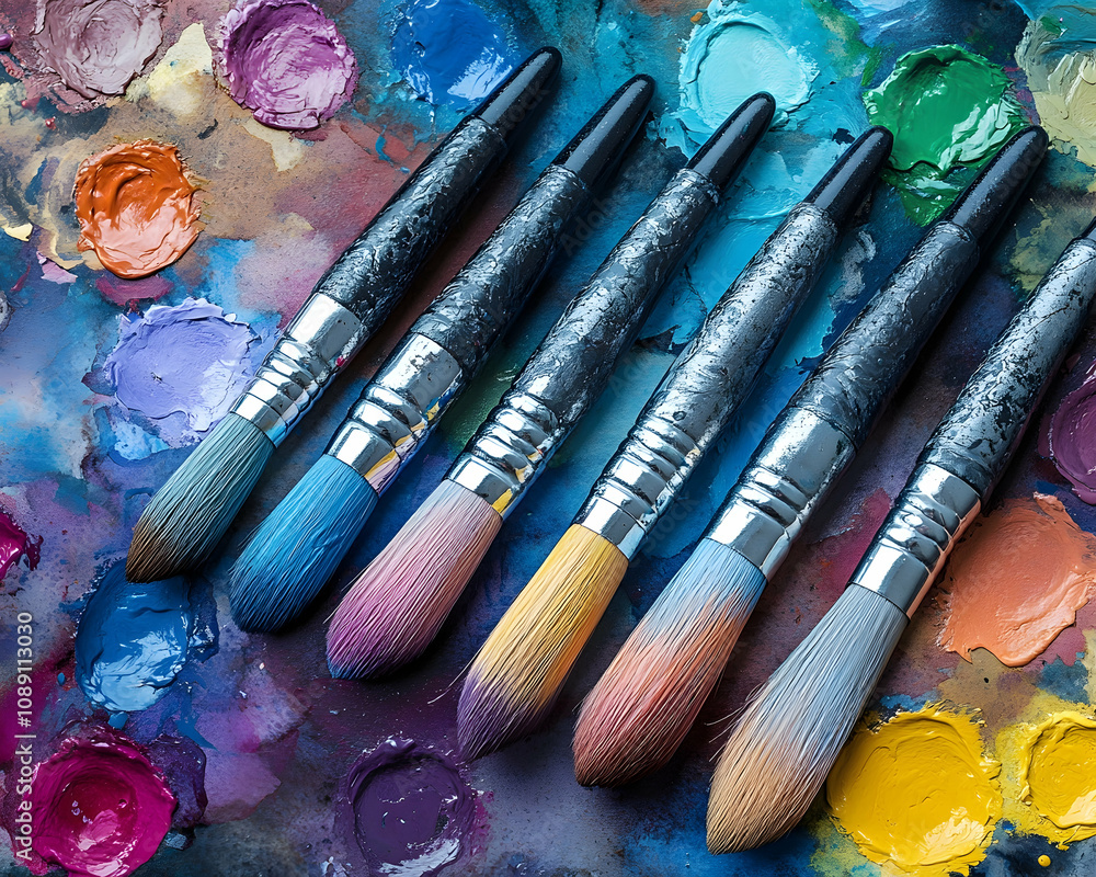 Fototapeta premium Colorful paintbrushes on a palette.