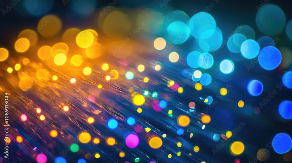 Naklejka premium Vibrant Abstract Background of Colorful Bokeh Lights Blurring Through Fiber Optics in Blue, Yellow, and Green Hues. Perfect for Digital Communication Themes.