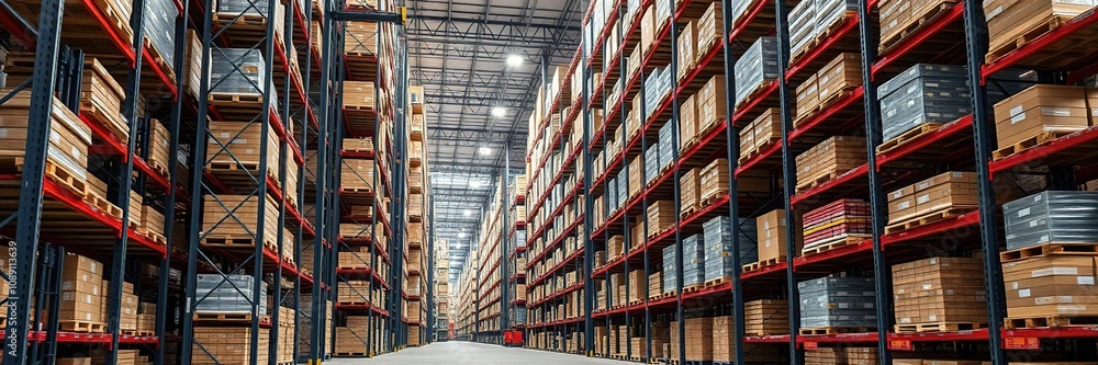 Obraz premium Automated stackers moving pallets on high racks, high-dense, automated, warehouse