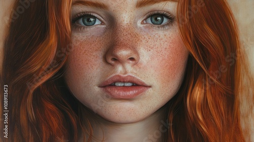 Portrait of a girl with vibrant red hair and striking green eyes, showcasing delicate freckles across her cheeks and a subtle, natural expression.