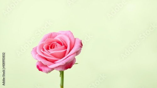 A single pink rose with full round and showy petals against a light green background, flowers, garden blooms