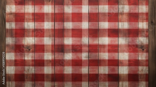 Red checkered tablecloth on rustic wooden background ideal for enhancing farmhouse-style kitchen decor and creating a warm, inviting atmosphere