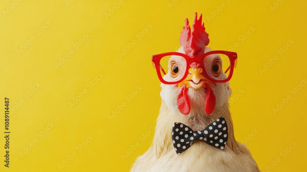 Playful chicken adorned with red glasses and a black polka dot bow tie, set against a bright yellow background, exuding a whimsical charm. Playful chicken adorned with red glasses and a black polka dot bow tie, set against a bright yellow background, exuding a whimsical charm.