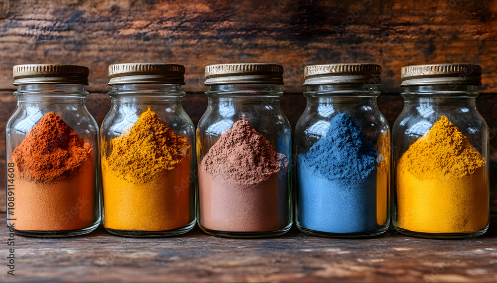 Colorful powders in glass jars on a wooden surface. Colorful powders in glass jars on a wooden surface.