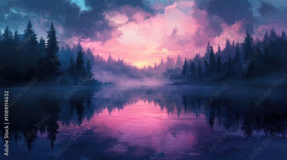 Tranquil dawn lake scene enveloped in mist with vibrant clouds and dark forests reflecting on still water, creating a picturesque natural landscape. Tranquil dawn lake scene enveloped in mist with vibrant clouds and dark forests reflecting on still water, creating a picturesque natural landscape.