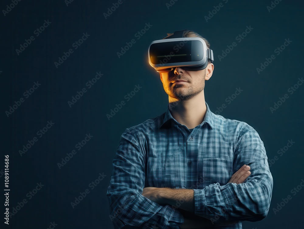 A man wearing a virtual reality headset, exploring immersive digital worlds with a focused expression in a low-light environment. Energy stock investment concept. A man wearing a virtual reality headset, exploring immersive digital worlds with a focused expression in a low-light environment. Energy stock investment concept.
