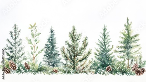 Christmas themed border showcasing delicate watercolor winter greenery, hand-painted pine and fir trees, perfect for holiday card designs.