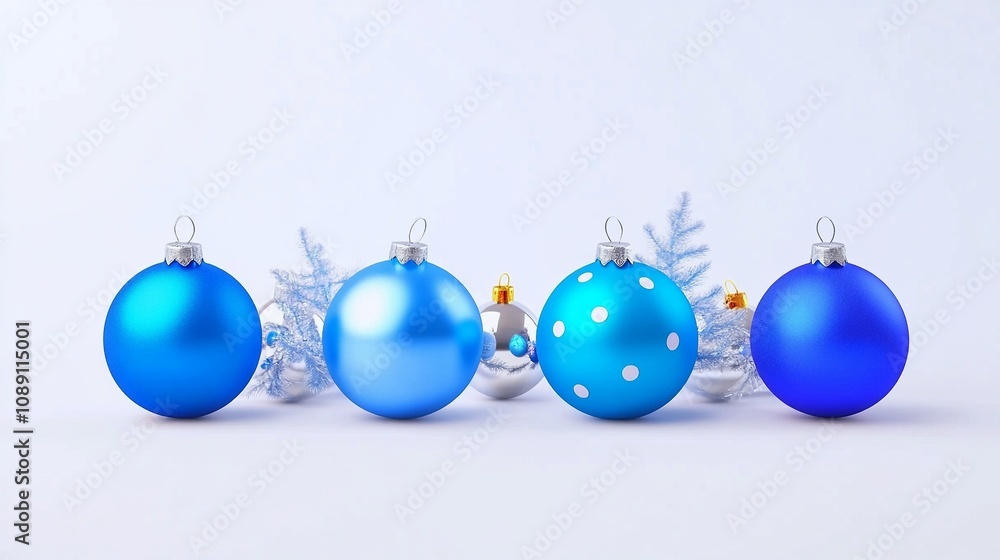 Silver and Blue 3D Rendered Baubles on Plain Background Silver and Blue 3D Rendered Baubles on Plain Background