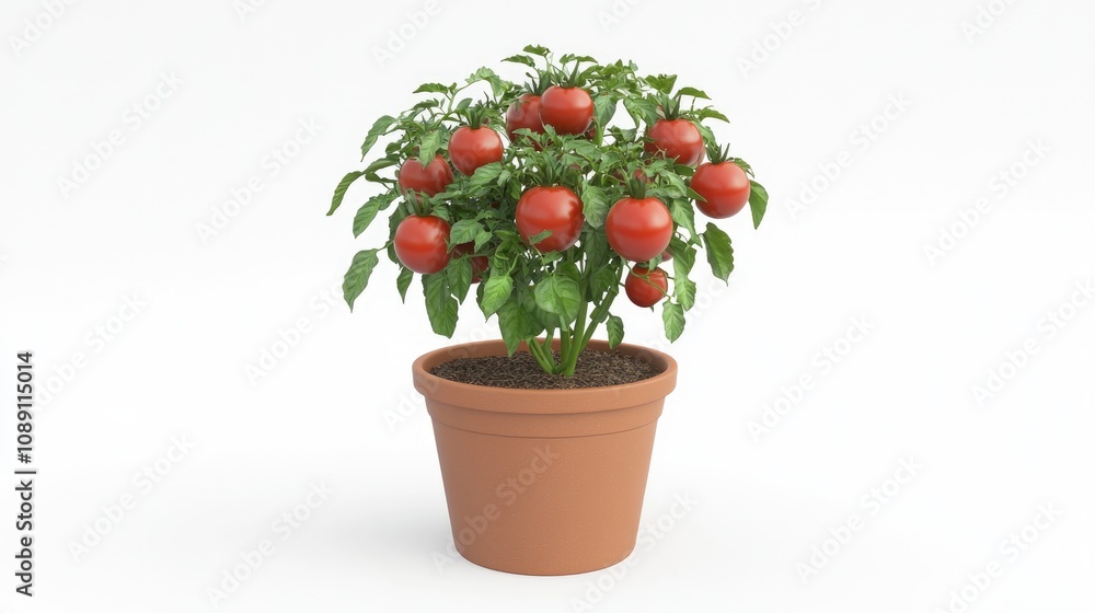 Realistic front view of a lush tomato plant with ripe red tomatoes, thriving in a terracotta pot against a clean white background. Realistic front view of a lush tomato plant with ripe red tomatoes, thriving in a terracotta pot against a clean white background.