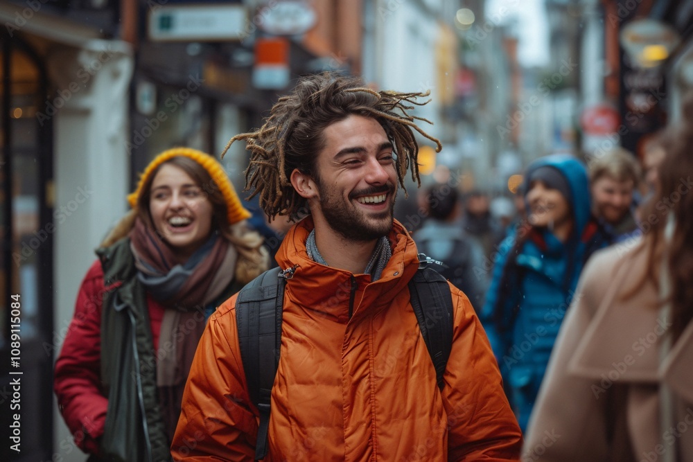 A group of friends strolls through a lively urban street, sharing laughter and happiness on a cool autumn day, surrounded by colorful storefronts and fellow pedestrians A group of friends strolls through a lively urban street, sharing laughter and happiness on a cool autumn day, surrounded by colorful storefronts and fellow pedestrians