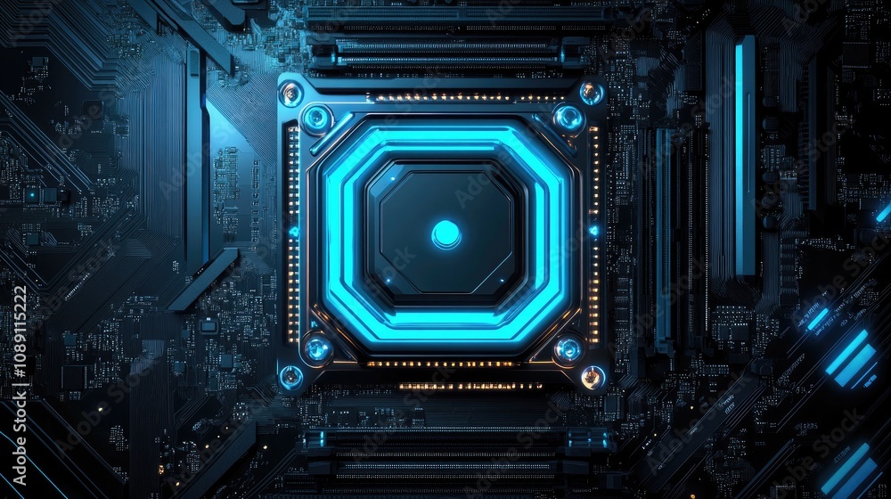 Fototapeta premium Futuristic abstract black backdrop showcasing a glowing neon blue motherboard with intricate textures and a central octagonal pattern.