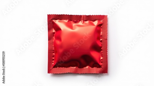 High-quality mockup of a sealed red foil condom wrapper with a glossy, reflective finish and textured edges on a plain white background.