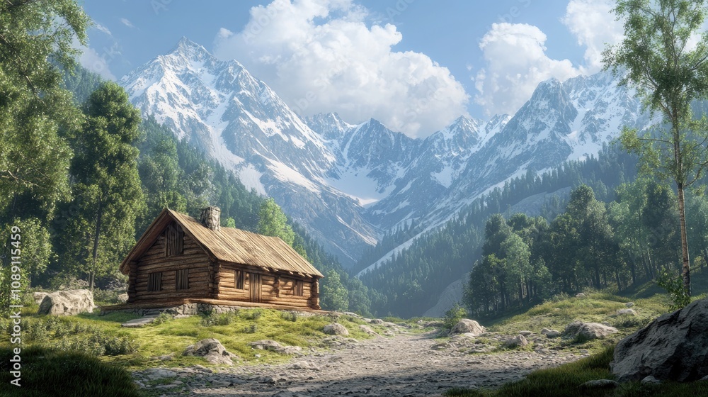 Secluded wooden cabin surrounded by majestic mountains and lush forest, creating a serene and picturesque landscape in nature. Secluded wooden cabin surrounded by majestic mountains and lush forest, creating a serene and picturesque landscape in nature.