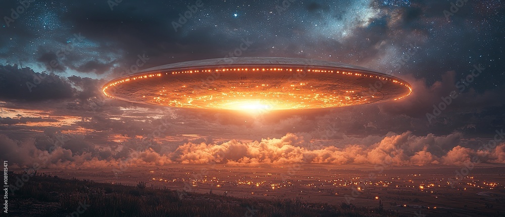 Easter Island seen from a distance, a gigantic classic circular flying saucer with led lights on bottom over the island,generative ai Easter Island seen from a distance, a gigantic classic circular flying saucer with led lights on bottom over the island,generative ai