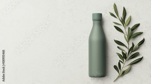 Eco-friendly water bottle mockup with olive branch minimalist style natural setting product design sustainable concept photo