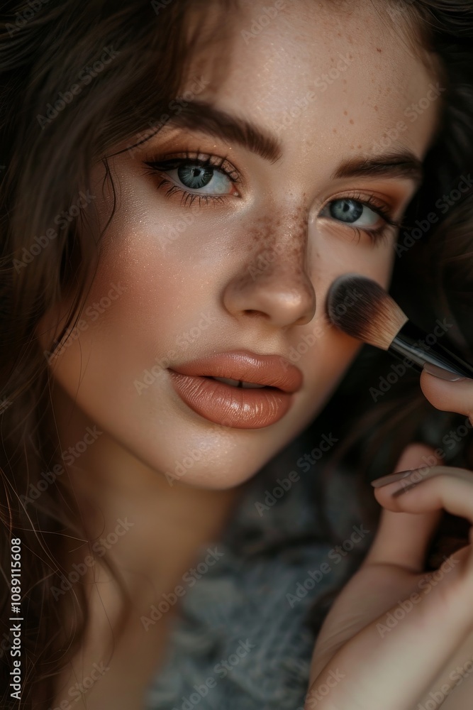 Obraz premium A young woman applies makeup with a brush, showcasing her striking blue eyes and flawless skin in soft natural lighting