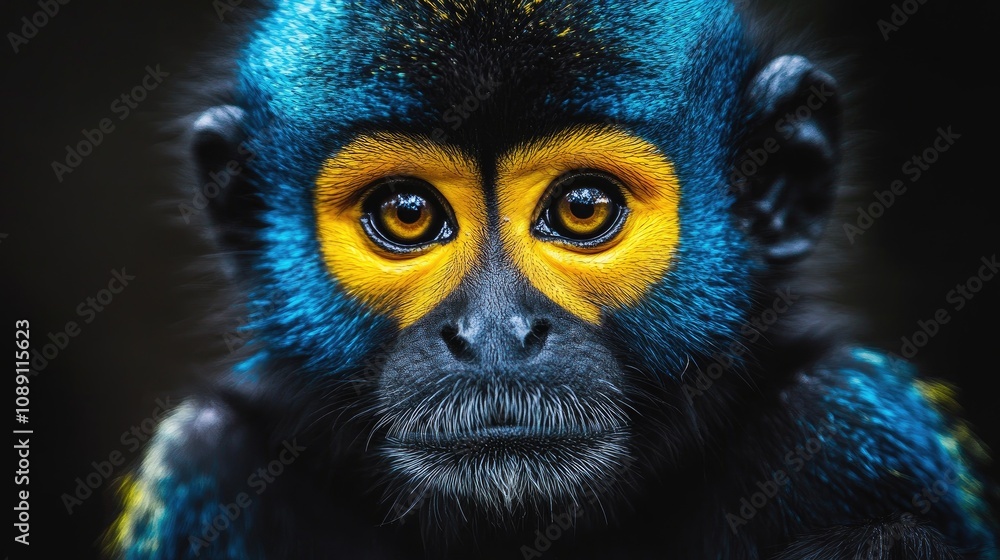 Close-up portrait of a monkey with striking blue fur and bright yellow facial markings, emphasizing its expressive eyes and intricate colors. Close-up portrait of a monkey with striking blue fur and bright yellow facial markings, emphasizing its expressive eyes and intricate colors.