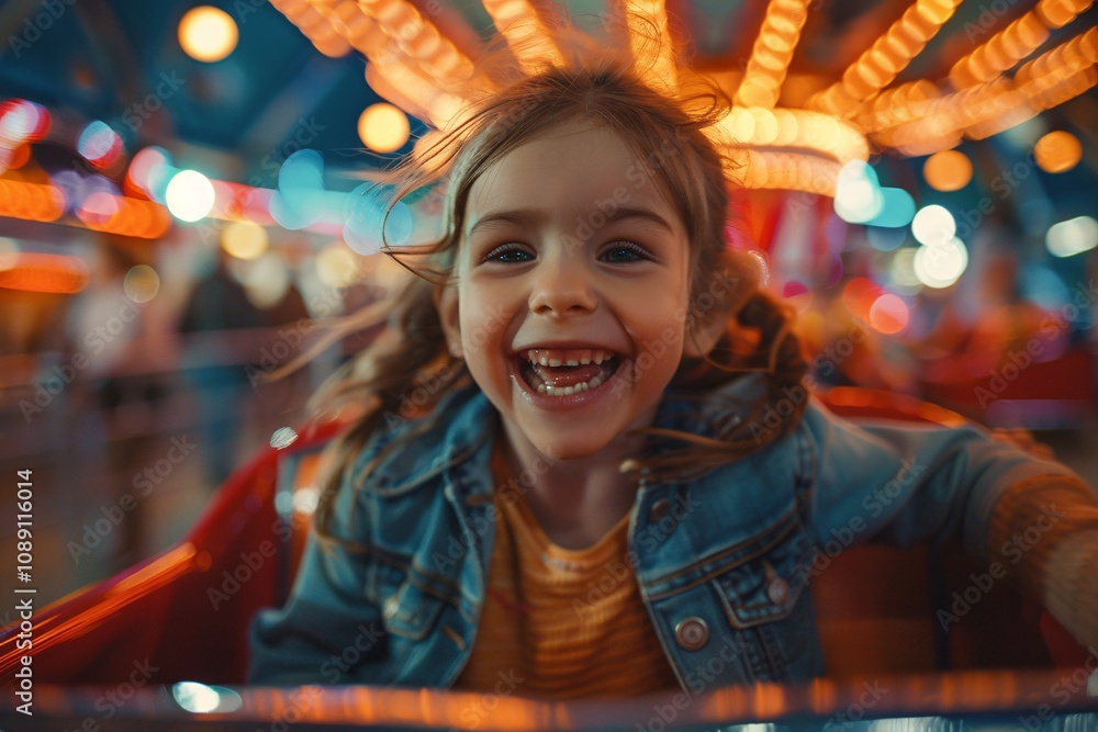 Obraz premium A young girl with a big smile experiences excitement on a carnival ride, surrounded by dazzling lights and lively colors. The joyful atmosphere captures the essence of childhood fun at a fair