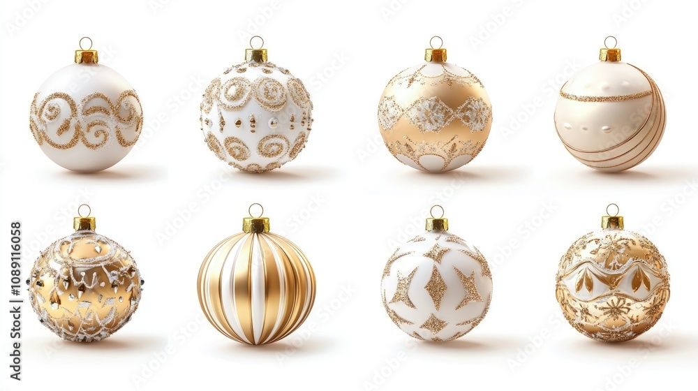 Elegant assortment of gold and white Christmas ball decorations showcasing intricate designs against a clean white background. Elegant assortment of gold and white Christmas ball decorations showcasing intricate designs against a clean white background.