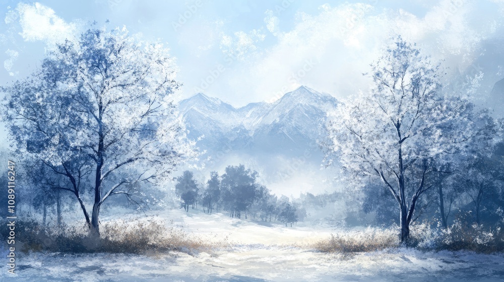 Frost-covered trees in a serene winter landscape with majestic mountains in the background, offering ample space for copy and creative design. Frost-covered trees in a serene winter landscape with majestic mountains in the background, offering ample space for copy and creative design.