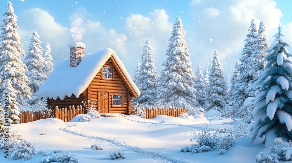 Fototapeta premium Charming wooden cottage nestled in a serene snow-covered forest landscape, with tall evergreen trees and a gentle winter sky.