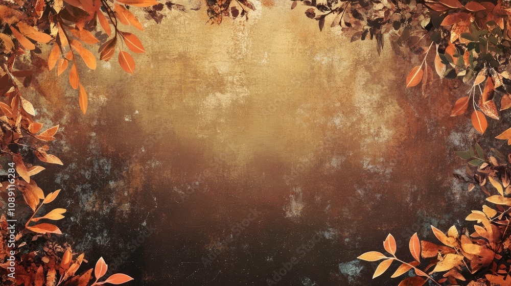 Autumn foliage backdrop with warm orange and yellow leaves framing a textured sepia background, featuring ample blank space for personalized text. Autumn foliage backdrop with warm orange and yellow leaves framing a textured sepia background, featuring ample blank space for personalized text.