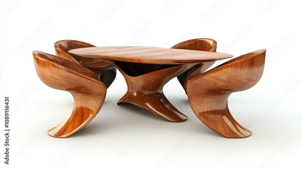 Modern wooden designer table with uniquely shaped chairs, showcasing a sleek and artistic form, set against a clean white background. Modern wooden designer table with uniquely shaped chairs, showcasing a sleek and artistic form, set against a clean white background.
