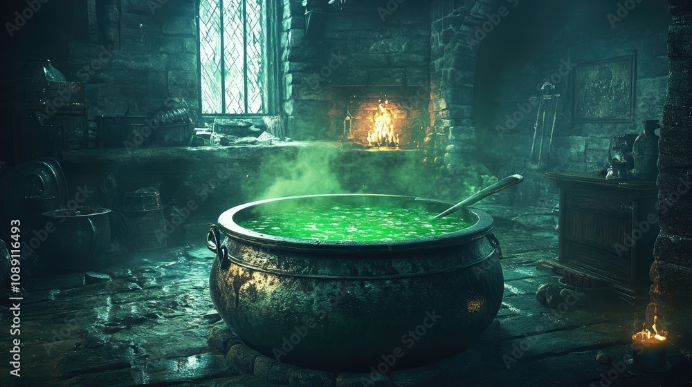 A mysterious cauldron bubbling with bright green potion in a dimly lit, ancient stone room filled with mystical artifacts and smoke. A mysterious cauldron bubbling with bright green potion in a dimly lit, ancient stone room filled with mystical artifacts and smoke.
