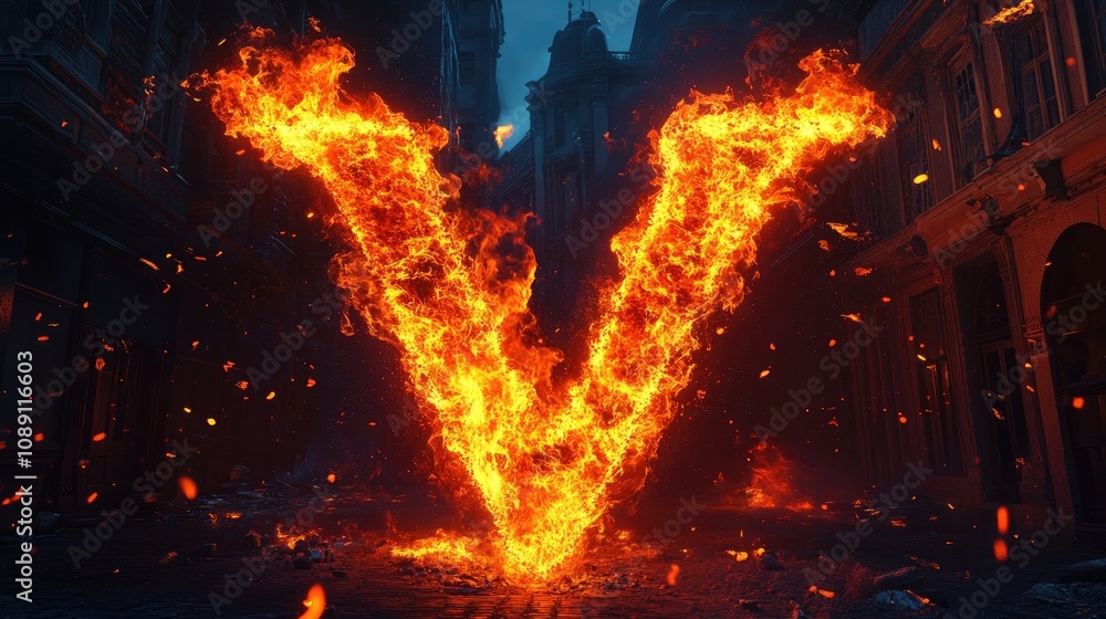Flaming letter V illuminated by bright, swirling flames in a dramatic urban setting surrounded by darkened buildings and glowing embers. Flaming letter V illuminated by bright, swirling flames in a dramatic urban setting surrounded by darkened buildings and glowing embers.