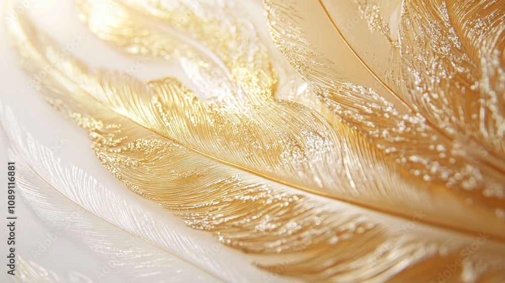 Close-up of intricate golden feathers on a white background highlighting their exquisite texture and delicate details Close-up of intricate golden feathers on a white background highlighting their exquisite texture and delicate details