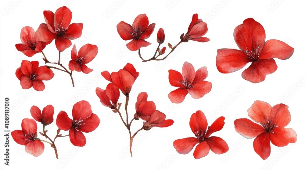 Vibrant red watercolor spring flowers arranged on a white background in various shapes and sizes, showcasing delicate petals and natural beauty. Vibrant red watercolor spring flowers arranged on a white background in various shapes and sizes, showcasing delicate petals and natural beauty.