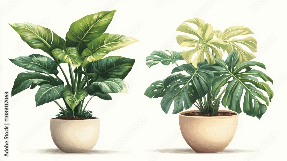 Fototapeta premium Illustration showcasing lush philodendron and monstera plants in elegant pots, featuring vibrant green leaves and detailed textures.