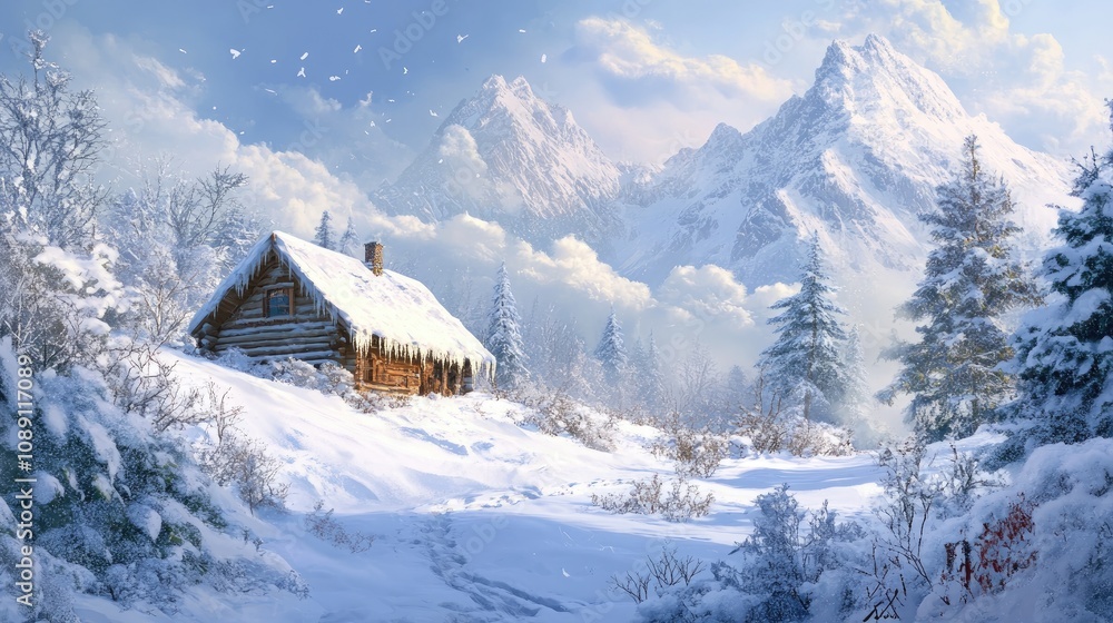 Cozy lodge nestled in a snowy landscape with majestic mountains in the background, surrounded by frosty trees and gentle snowfall. Cozy lodge nestled in a snowy landscape with majestic mountains in the background, surrounded by frosty trees and gentle snowfall.
