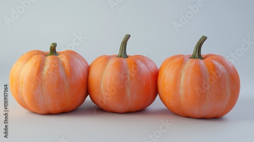 Three vibrant orange pumpkins with smooth surfaces and distinct green stems arranged in a row on a neutral white background.